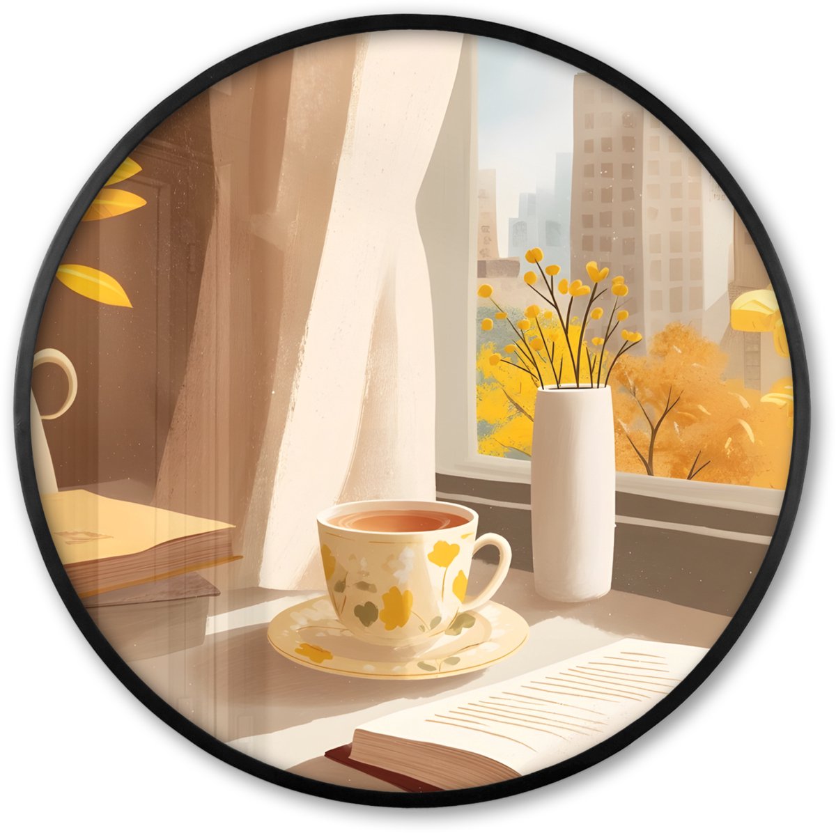 FrameYourWall Poster in lijst Rond - Fotolijst 60x60 cm - Posters - Thee - Boek - Thee - Herfst - Ronde posterlijst zwart - Decoratie - Wanddecoratie woonkamer - Muurdecoratie slaapkamer