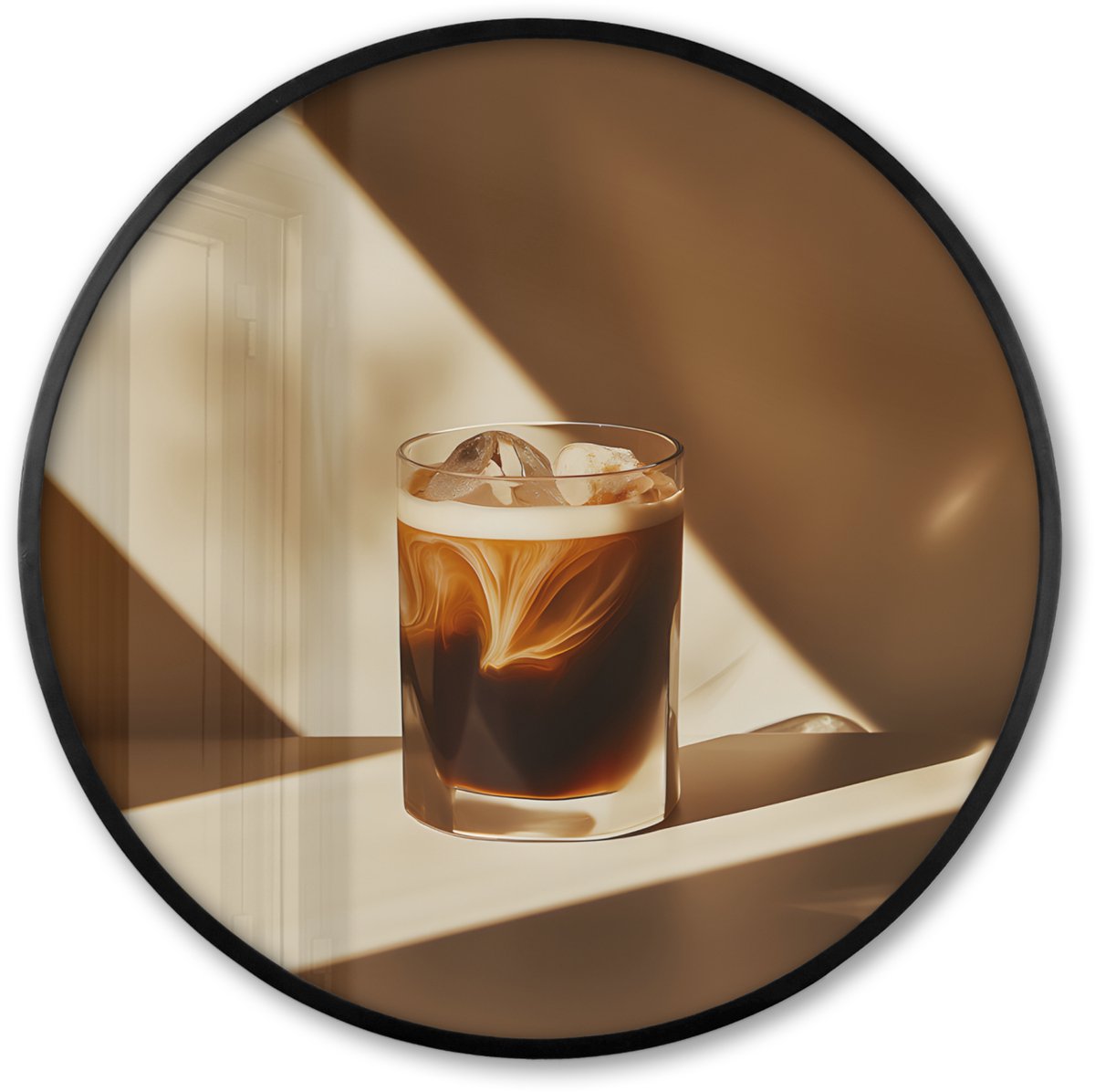 FrameYourWall Poster in lijst Rond - Fotolijst 80x80 cm - Posters - Glas - Ijskoffie - Schaduw - Bruin - Ronde posterlijst zwart - Decoratie - Wanddecoratie woonkamer - Muurdecoratie slaapkamer Glas - Drinken