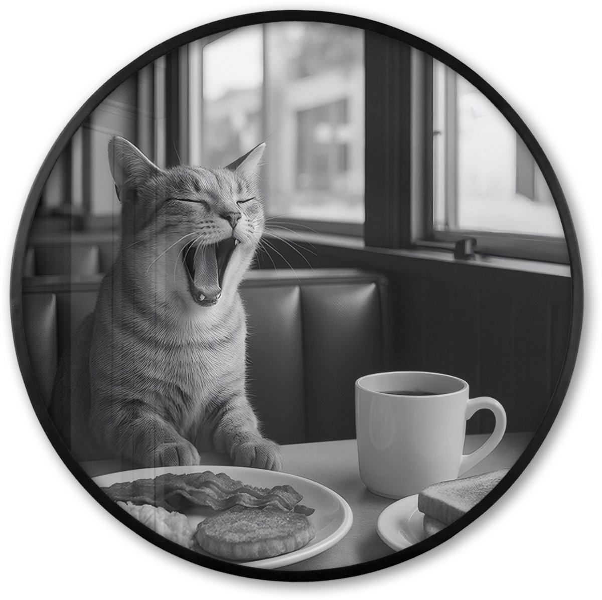 FrameYourWall Poster in lijst Rond - Fotolijst 80x80 cm - Posters - Kat - Koffie - Brood - Zwart - Ronde posterlijst zwart - Decoratie - Wanddecoratie woonkamer - Muurdecoratie slaapkamer