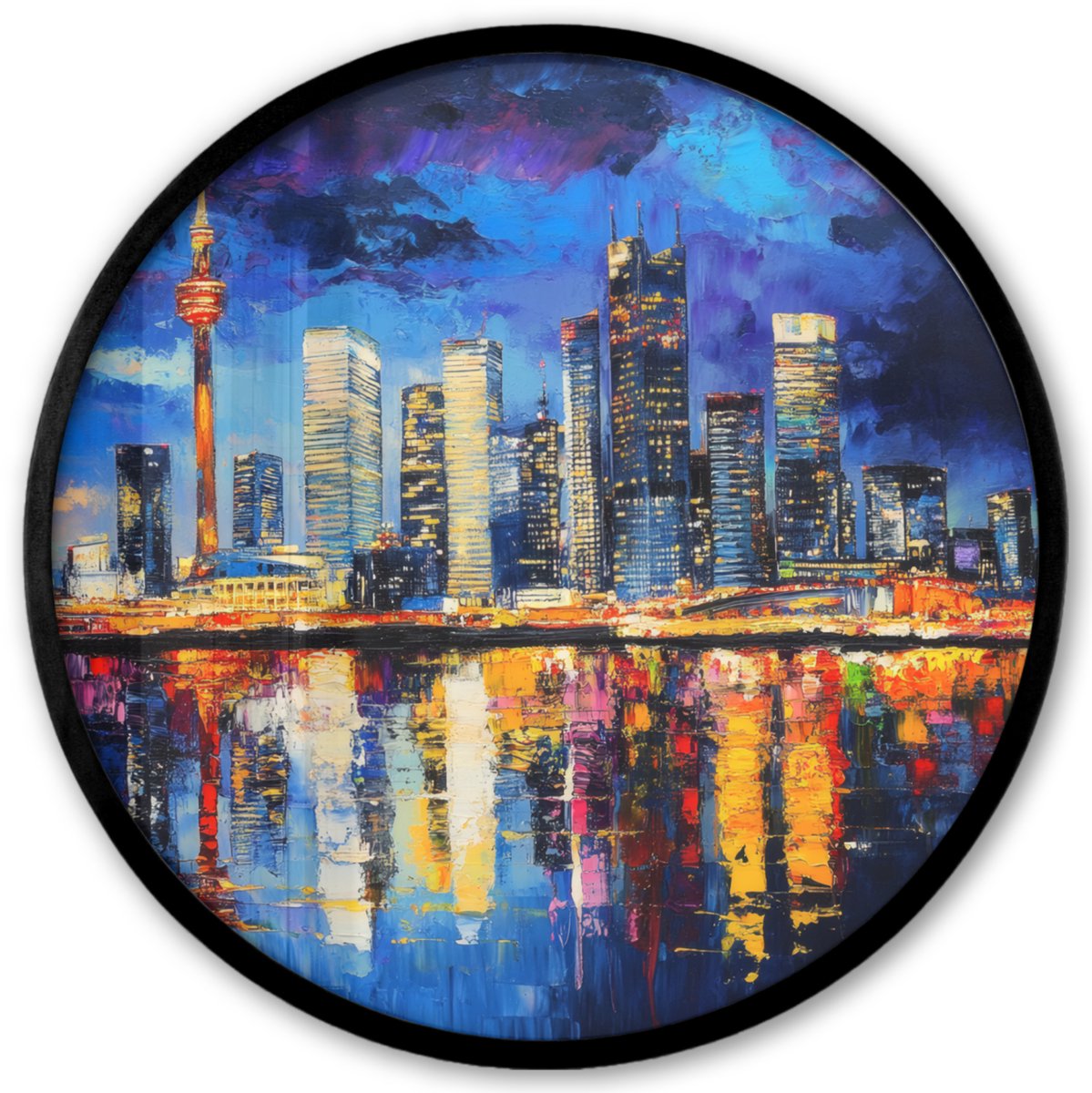 FrameYourWall Poster in lijst Rond - Fotolijst 40x40 cm - Posters - Skyline Toronto - Modern - Stadslicht - Blauw - Ronde posterlijst zwart - Decoratie - Wanddecoratie woonkamer - Muurdecoratie slaapkamer Skyline - Modern