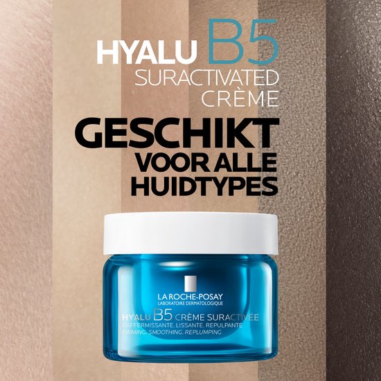 Blauwe pot met witte deksel. La Roche-Posay Hyalu B5 Crème Suractivée. Geschikt voor alle huidtypes.