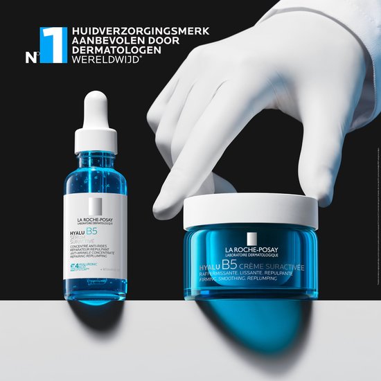 La Roche-Posay Hyalu B5 Serum en Crème. De crème is in een blauwe pot. Het serum in een blauwe fles met druppelaar.