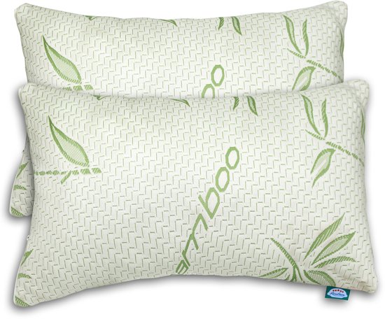 Bamboe kussens - Bamboe hoofdkussen (set van 2) - Bamboe Hoofdkussens met Traagschuim – Hypoallergeen, Ademend & Drukverlagend – Verstelbare Ondersteuning voor Hoofd, Nek en Schouders – Voor Elke Slaappositie, Perfect voor Optimaal Slaapcomfort