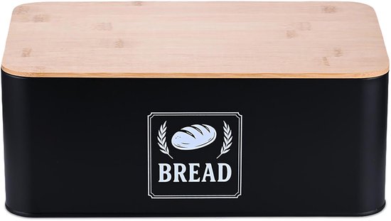 Boîte à pain noire avec couvercle en bambou, avec inscription blanche 'BREAD' et icône de pain.