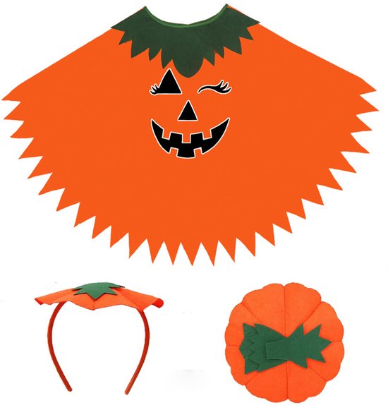 Halloween - Kleding -Halloween kostuum volwassenen - Pompoen kostuum - Pompoen kostuum volwassenen - Pompoenponcho - Met hoofdband - Tas - Voor vrouwe - Schoolfeestkostuum