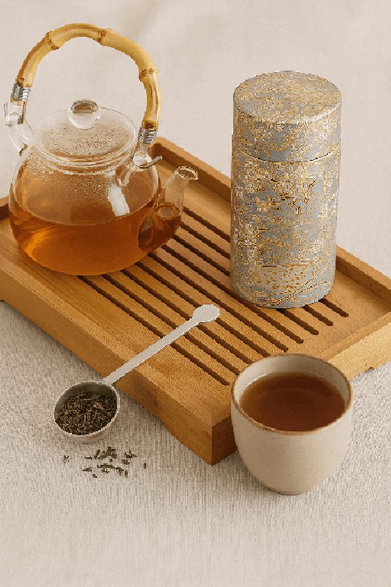 Boîte à thé hermétique en papier Washi japonais – 90 g – Or et argent – ​​Double couvercle – Hauteur 12,5 cm