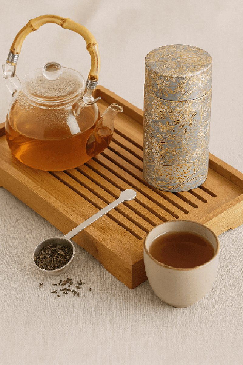 Bewaarblik Kyoko – 90 gram – Japans Washi-papier – Goud & zilver – Luchtdicht theeblik / bus met dubbel deksel – 12,5 cm hoog