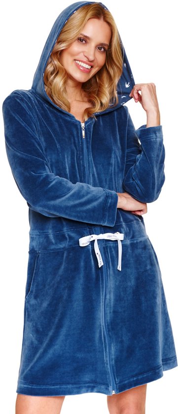Doctor Nap Velours Badjas Dames Met Capuchon Rits en Zakken SWO.1008 Deep Blue 46 / 3XL