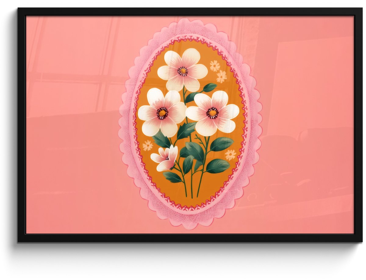 FrameYourWall Poster in lijst - Fotolijst 90x60 cm - Posters - Illustratie - Bloemen - Rand - Roze - Posterlijst zwart - Decoratie - Wanddecoratie woonkamer - Muurdecoratie slaapkamer