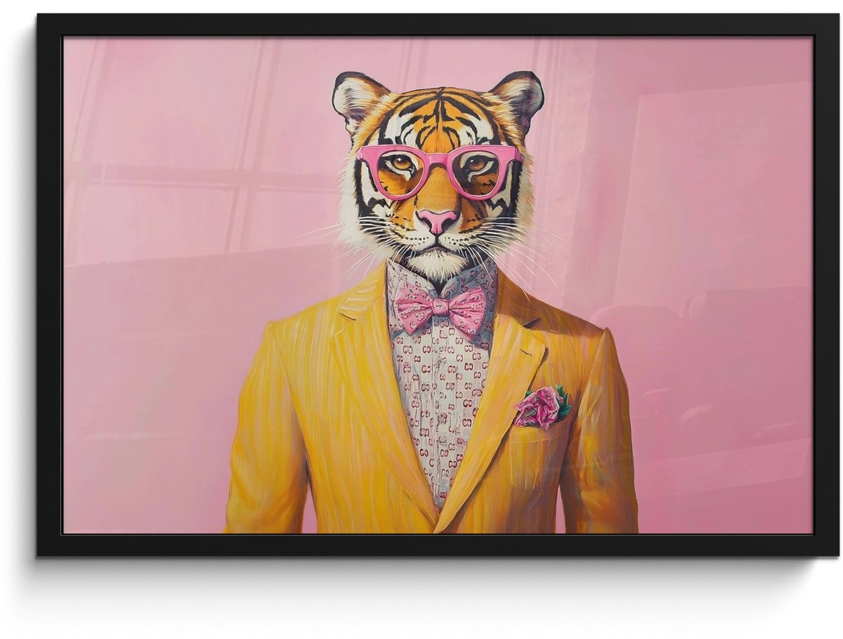 FrameYourWall Poster in lijst - Fotolijst 60x40 cm - Posters - Tijger - Bril - Geel - Jasje - Posterlijst zwart - Decoratie - Wanddecoratie woonkamer - Muurdecoratie slaapkamer