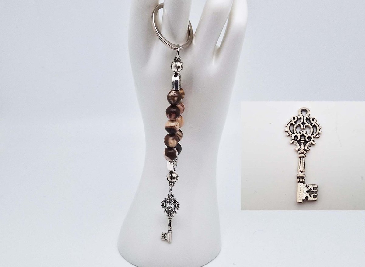 Handgemaakte Natuurstenen Sleutelhanger " Australia zebra jasper "- Met metaal hanger - 8 mm diameter van de korrel- Mooie accessoire en decoratie voor de auto-Vaderdag Cadeau -Moderdag Cadeau - Cadeau vrienden