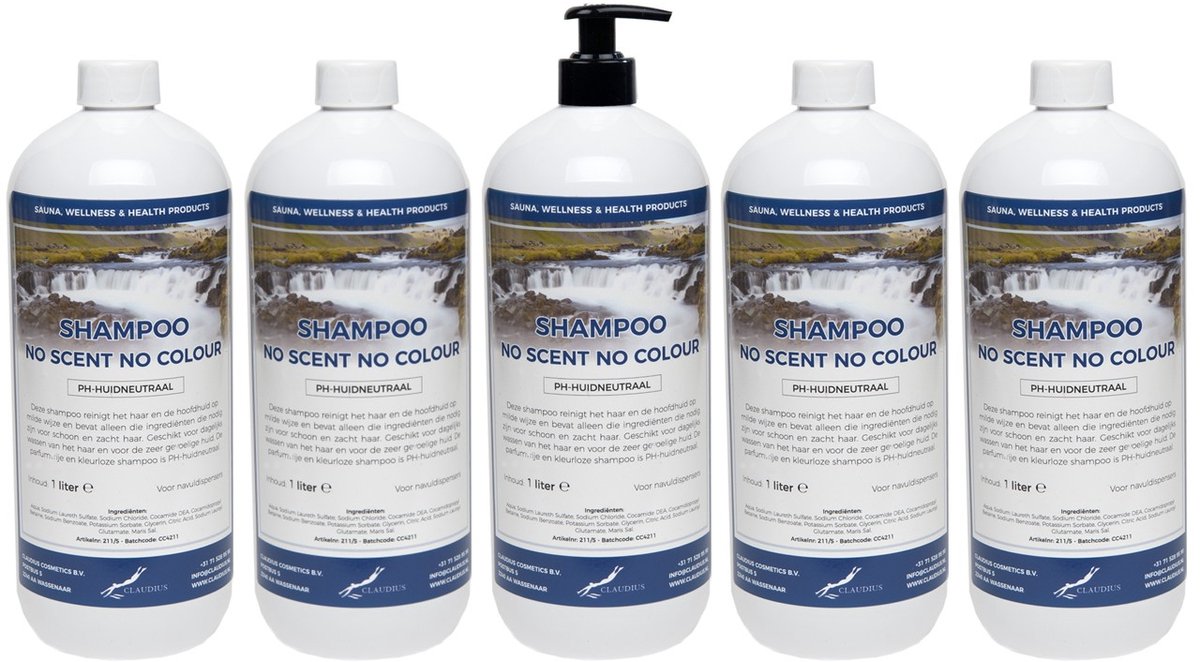 Shampoo No Scent No Colour - 1 liter - 5 Stuks - met pomp - Voordeelverpakking - Haarverzorging