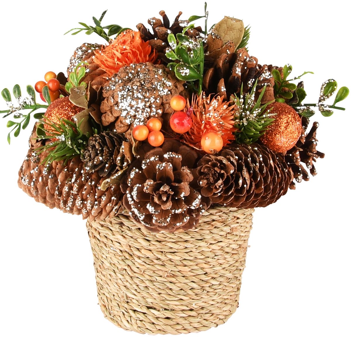 Tafelstuk bloemstukje besjes en dennenappels 17 cm hoog - hoogkwalitatieve kunststof - dec