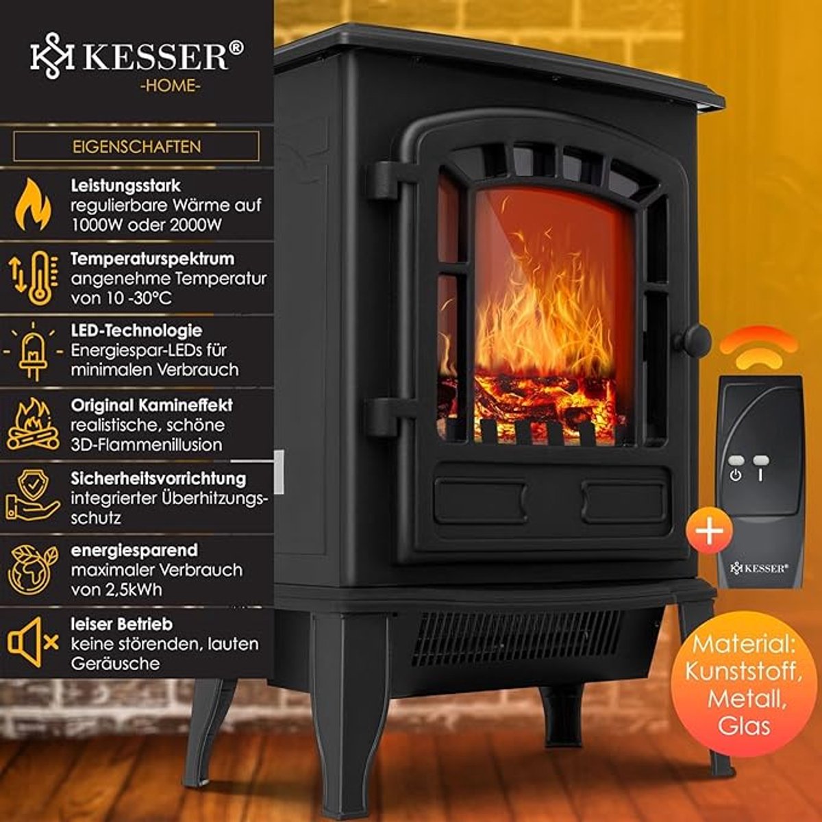Luxe Elektrische Sfeerhaard “Nordic Flame Black” – 2000W – Vrijstaande Design Open Haard met Afstandsbediening, LED Vlammen, 2 Warmtestanden (1000/2000W), Stil Verwarmingstoestel, Zwart – Moderne Elektrische Kachel met Vlameffect HomeByNicole