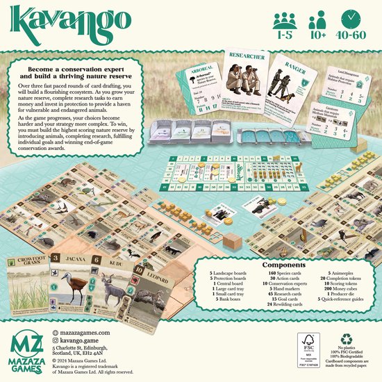 Bordspel Kavango: beschrijving, spelonderdelen, speelbord met dierenkaarten, quick reference guides, en Mazaza Games logo.