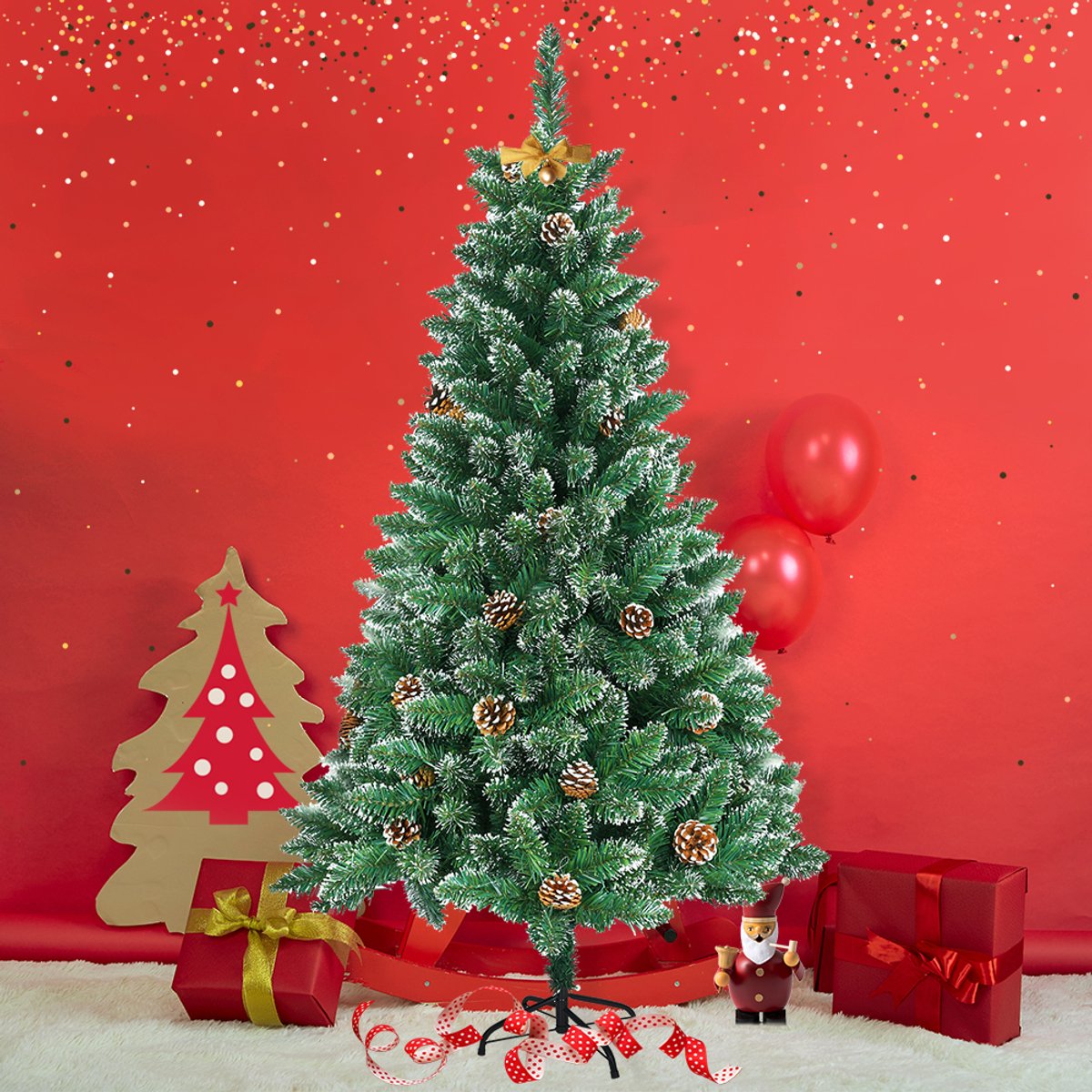 180CM Kunstkerstboom, Dennenboom, Kunstboom Wit & Groen met Sneeuweffect + Dennenappels, PVC Kerstboom inclusief Standaard – foto 7