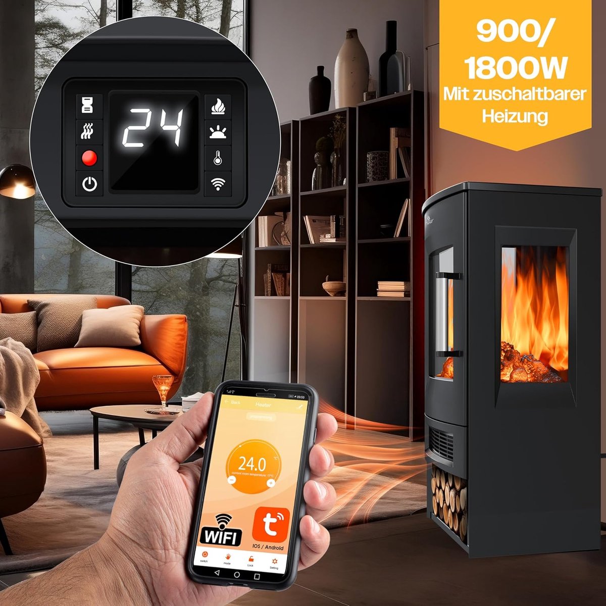 Luxe Elektrische Sfeerhaard Verona – Vrijstaande Kachel met Panoramavenster – LED Vlameffect met 9 Kleurmodi – Verwarming 900/1800W – Thermostaat – Timer – Afstandsbediening & WiFi App – Zwart – Retro Design Elektrische Haard HomeByNicole®