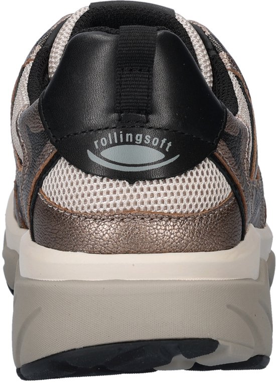 Achterkant van een grijze Gabor Rollingsoft sneaker met zwarte hielkap en beige mesh.