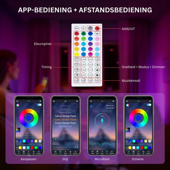 Trust Gaming GXT 904 Vybz RGB LED Strip 5 Meter, LED Verlichting voor Gamer Setup, 44 Lichtmodi, Muziek Sync, App Control, RGBIC Lights Neon Lichtsnoer Gaming Accesoires Room Décor