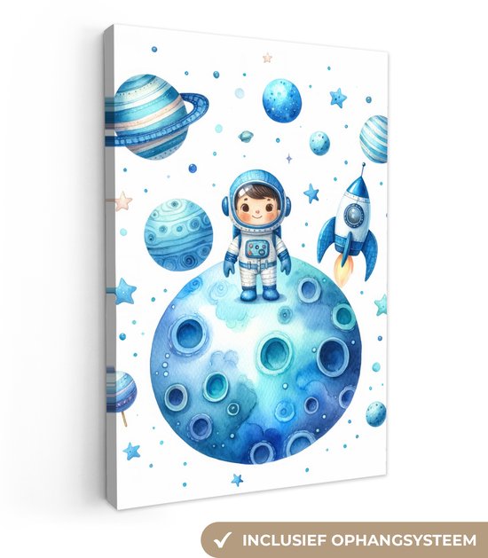 Canvas schilderij 60x90 cm - Wanddecoratie kinderkamer Ruimte - Blauw - Astronaut - Sterren - Planeten - Muurdecoratie babykamer - Kamer decoratie voor jongens en meisjes - Baby accessoires - Schilderijen