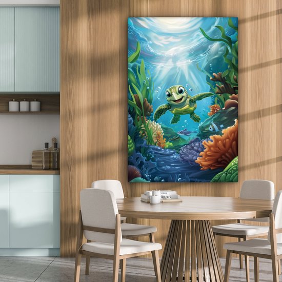 Peinture sur toile 80x120 cm - Décoration murale chambre enfant Tortue - Animaux aquatiques marins - Sous-marin - Algues - Décoration murale murale chambre bébé - Décoration chambre garçon et fille - Accessoires Bébé - Peintures