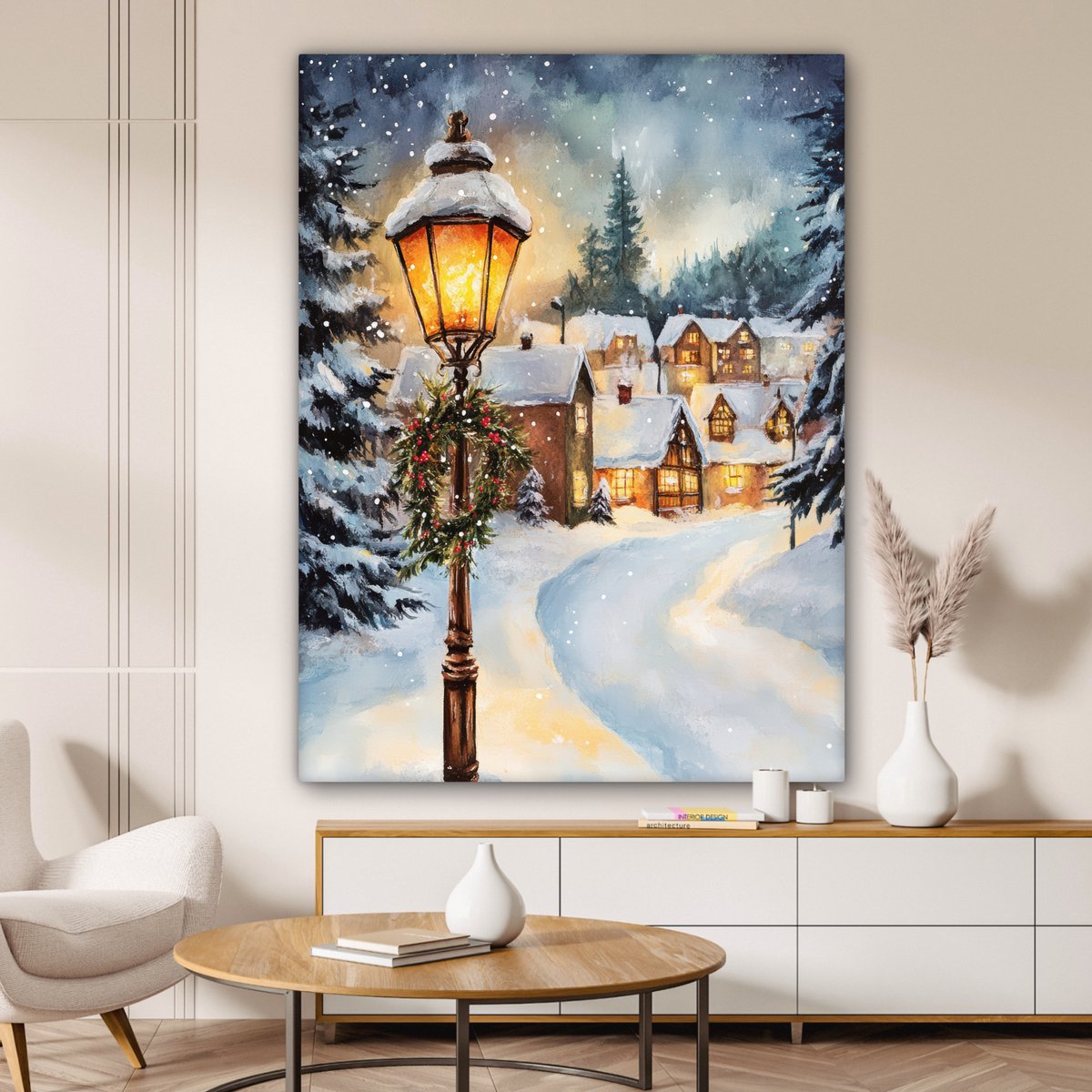 Canvas schilderij 120x160 cm - Wanddecoratie Kerstdorp - Huizen - Sneeuw - Kerst - Muurdecoratie woonkamer - Slaapkamer decoratie - Kamer accessoires - Schilderijen op canvas - Kerstdecoratie voor binnen - Kerstversiering - Kerstmis versiering – foto 2