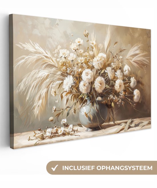 Canvas schilderij 120x80 cm - Wanddecoratie Bloemen - Vaas - Stilleven - Beige - Muurdecoratie woonkamer - Slaapkamer decoratie - Kamer accessoires - Schilderijen op canvas
