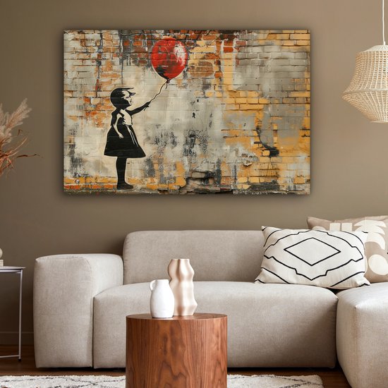 Peinture sur toile 120x80 cm - Décoration murale Graffiti - Style Banksy - Fille avec ballon - Décoration murale murale salon - Décoration chambre - Accessoires de chambre - Peintures