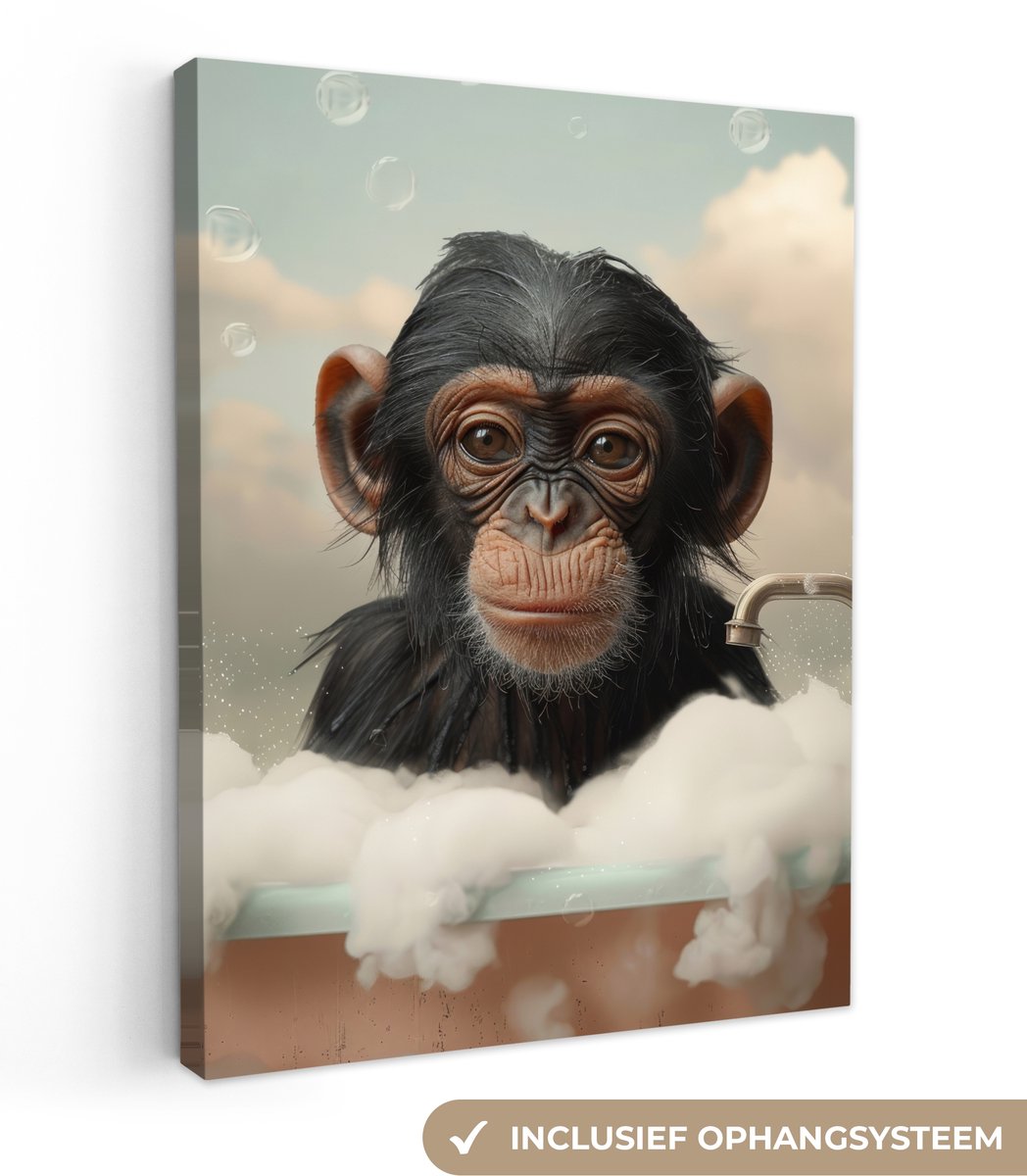 Canvas schilderij 30x40 cm - Wanddecoratie badkamer Aap - Dieren - Bad - Schuim - Muurdeco