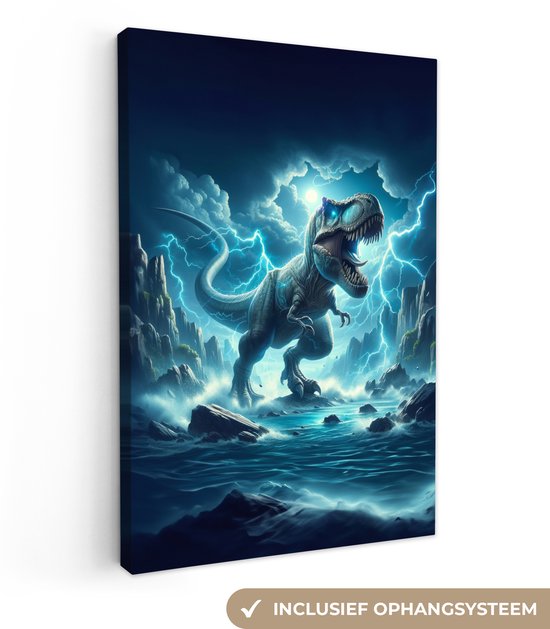 Peinture sur toile 40x60 cm - Décoration murale Dino - Blauw - Garçons - Décoration murale murale chambre ado - Décoration chambre pour adolescents - Accessoires chambre jeunesse ado - Tableaux chambre