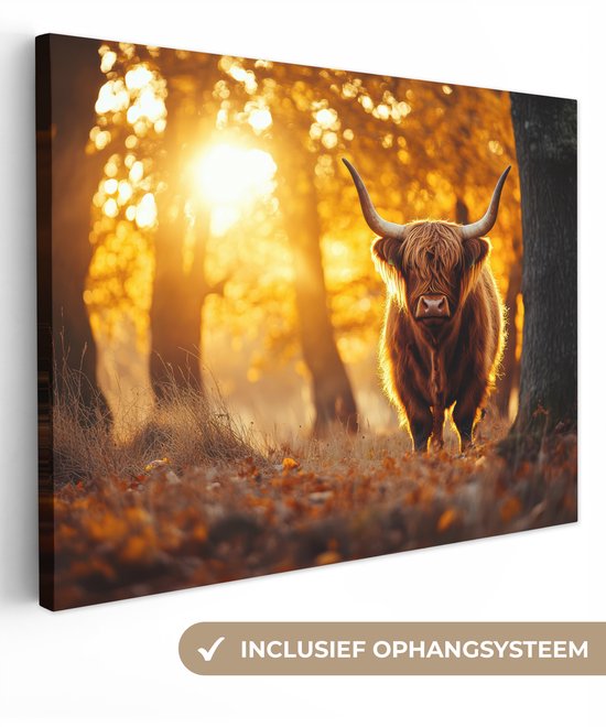 Canvas schilderij 160x120 cm - Wanddecoratie Schotse hooglander - Bos - Herfst - Dieren - Natuur - Bladeren - Muurdecoratie woonkamer - Slaapkamer decoratie - Kamer accessoires - Schilderijen op canvas
