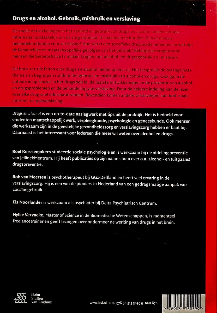 Rode kaft met witte tekst over drugs en alcohol. Achtergrond met schaduwen en witte lijnen.