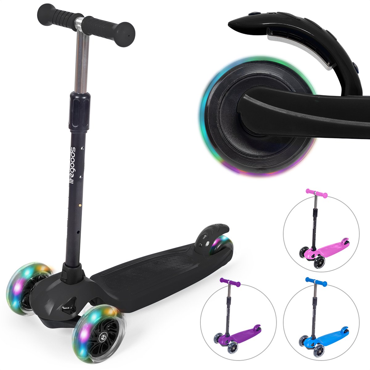 LifeGoods TurboRide Kinderstep - Step 5-8 Jaar - 3 Lichtgevende Wielen - Jongens/Meisjes - Zwart