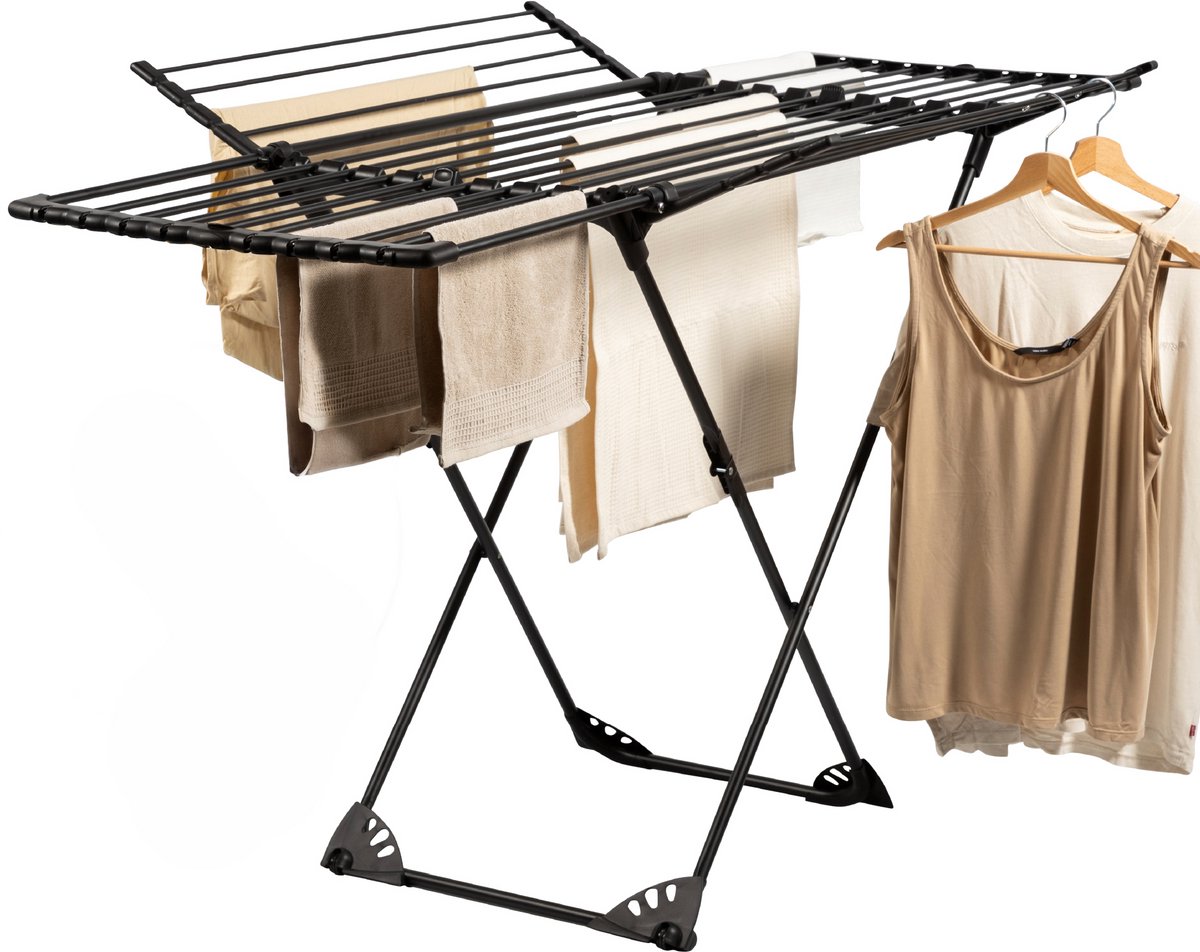 Homra Wasrek Inklapbaar - Tot 22m Was - Staand Droogrek Inklapbaar - Ruimtebesparend Wasrek - Droogrekken - Ecologisch Was Drogen - 182x97x103 CM - Metaal Zwart - Geschikt voor Grote Gezinnen