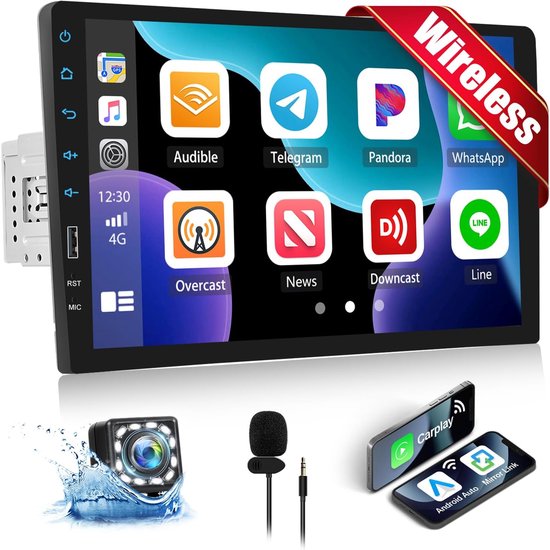 1 DIN autoradio met draadloos CarPlay Android Auto autoradio met draaibaar 10,1-inch touchscreen Bluetooth FM/AM/RDS radio Mirror Link USB/TF-kaart/Aux -ingang SWC EQ ondersteuning DVR