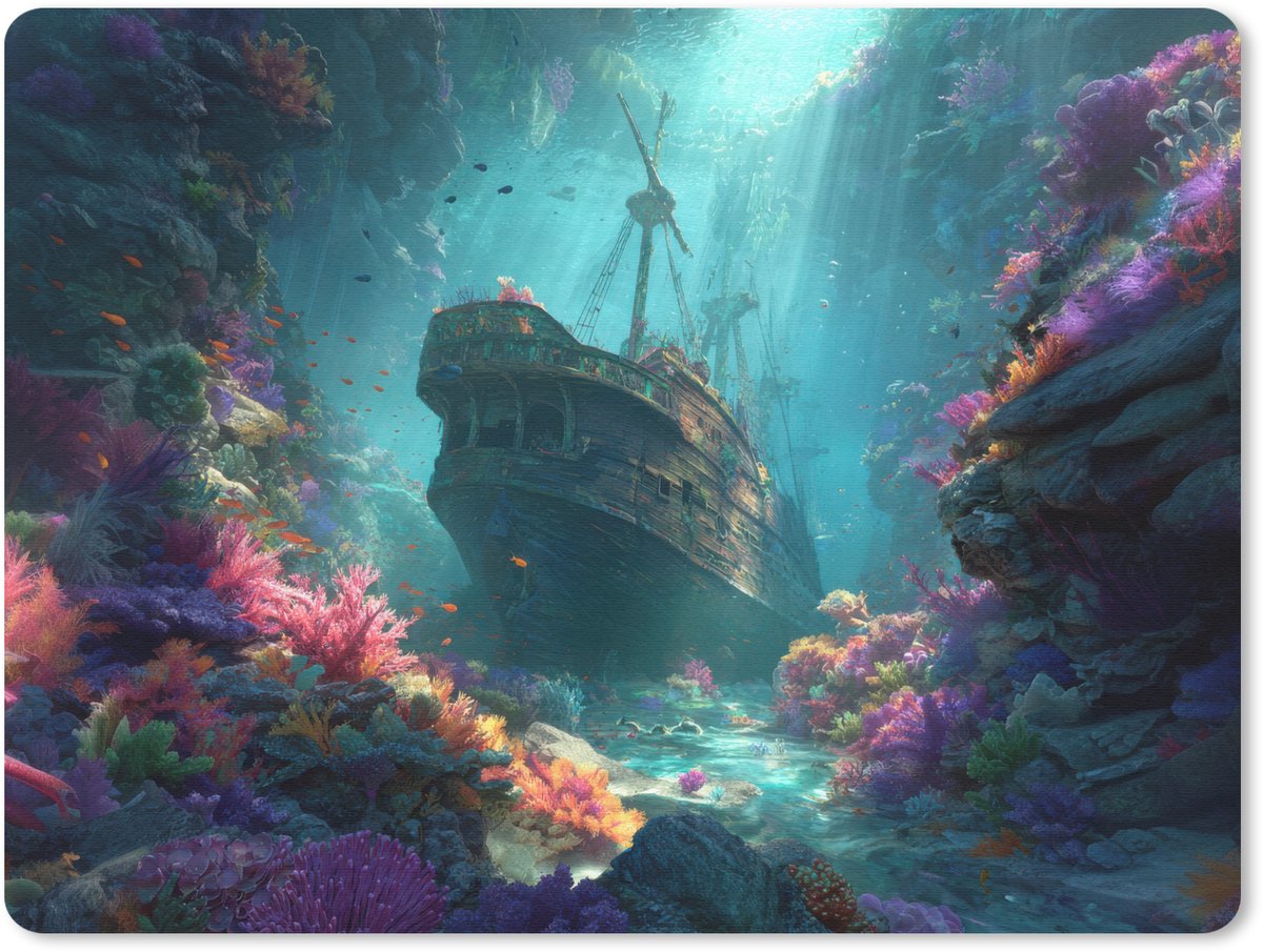 Muismat 23x19 cm - Mousepad Schip - Hout - Koraalriffen - Zonlicht - Muismatten