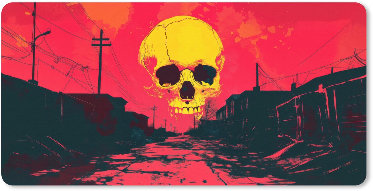 Muismat XXL 90x45 cm - Bureau onderlegger - Bureau mat Straat - Verlaten - Schedel - Geel - Bureaumat - Gaming mousepad xl - Bureaulegger groot - Computer deskmat