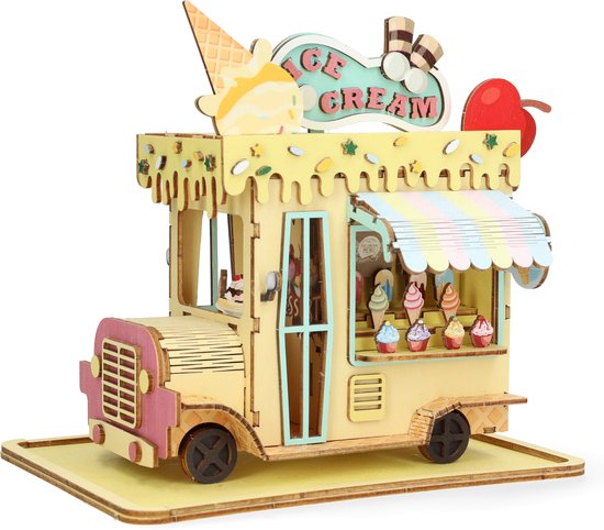 Kit de construction miniature Crafts&Co : chariot à glaces - Puzzle 3D en bois pour Enfants - Loisirs créatifs pour Filles - Jouets DIY - Cadeaux pour Filles - 162 pièces - Jaune