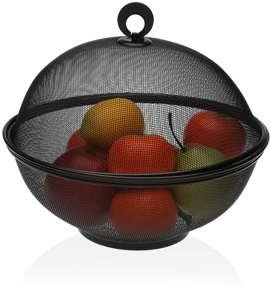 Doodadeals® - Fruitschaal met Vliegenkap – Fruitschaal met Deksel – Fruitmand – 28x28x28 cm – Metaal - Zwart