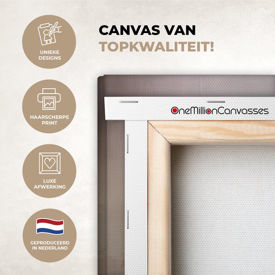 Details van canvas van topkwaliteit, met de tekst 'Unieke Designs', 'Haarscherpe Print', 'Luxe Afwerking' en 'Geproduceerd in Nederland'.