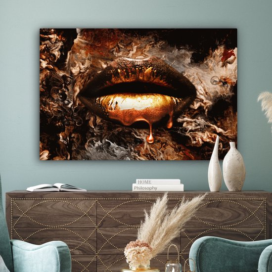 Peintures sur toile Or - Lèvres - Fumée - 120x80 cm - Décoration murale