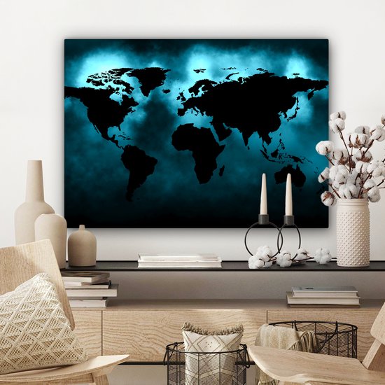 Wereldkaart Toile - 80x60 - Décoration murale Wereldkaart - Zwart - Blauw