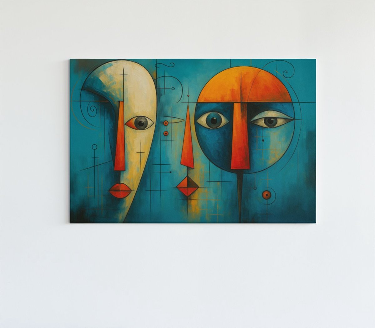 Trendex Global Canvas Schilderij - Geometrische Gezichten - Wanddecoratie - 90x60x2 cm Blauw