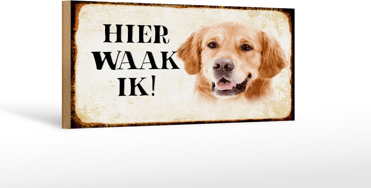 Femer Houten bordje van FEMER 27x10cm met tekst nederlands Hier Waak ik Golden Retriever Beige
