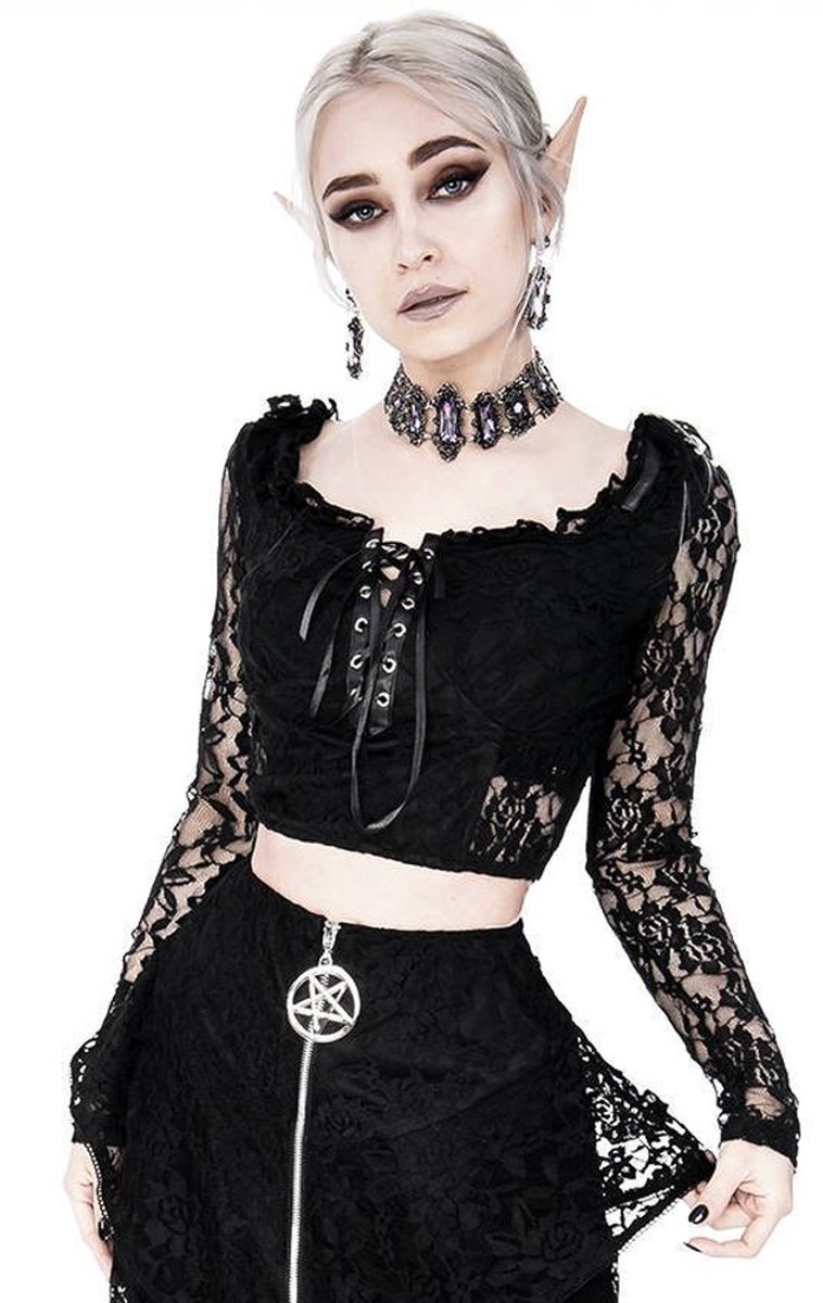Restyle - Gothic Cropped Lace Crop top - XXL - Zwart