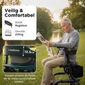 Man leest krant zittend op brede, gevulde zitting van Medzone rollator in park, met detail van 13.5cm zitting.