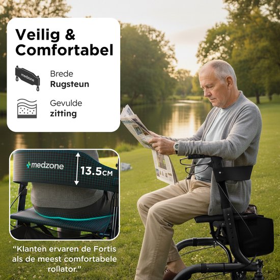 Man leest krant zittend op brede, gevulde zitting van Medzone rollator in park, met detail van 13.5cm zitting.