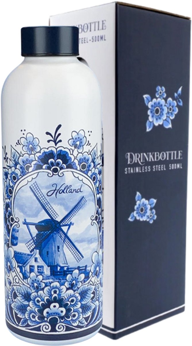 Waterfles 500 ml - Drinkfles RVS - Delfts blauw - Molen- Hollandse cadeautjes- Holland souvenir
