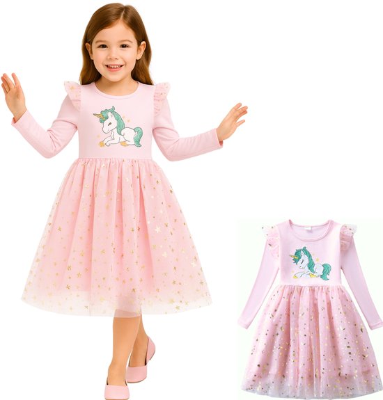 Joya Kids® Unicorn Verkleedjurk Meisjes | Licht Roze Jurkje met Lange Mouwen & Tule Rok | Comfortabele Prinsessenjurk voor Kinderen | T-shirt Stof | Prinsessenjurk meisje | Maat 120 | 5-6 Jaar