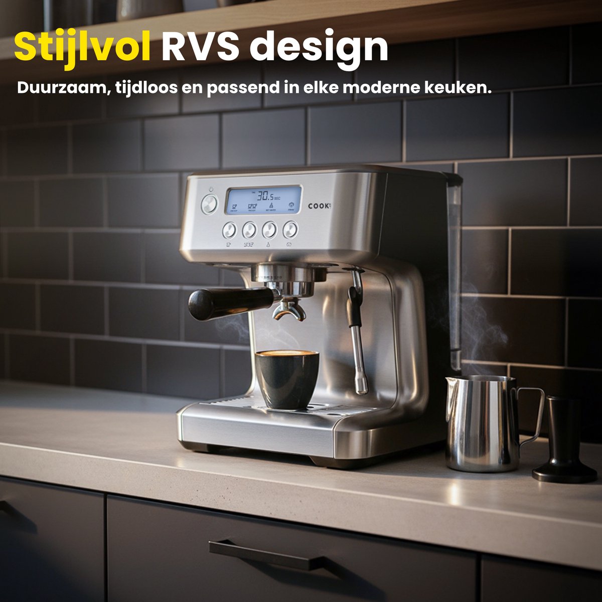 Espressomachine Pro 20 Bar - Piston Koffiemachine Melkopschuimer RVS - Instelbare Extractietemperatuur - Pistonmachine Espresso, Cappuccino & Latte - 2,2 Liter Waterreservoir - COOK-IT — afbeelding 4